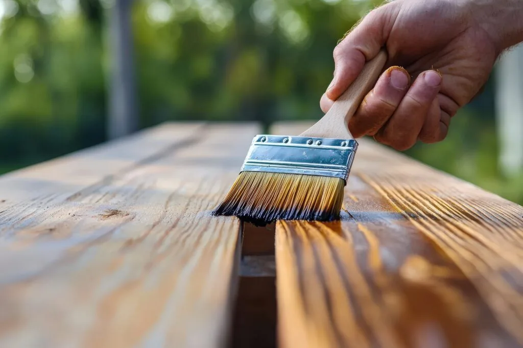 Man is painting wooden table with brush