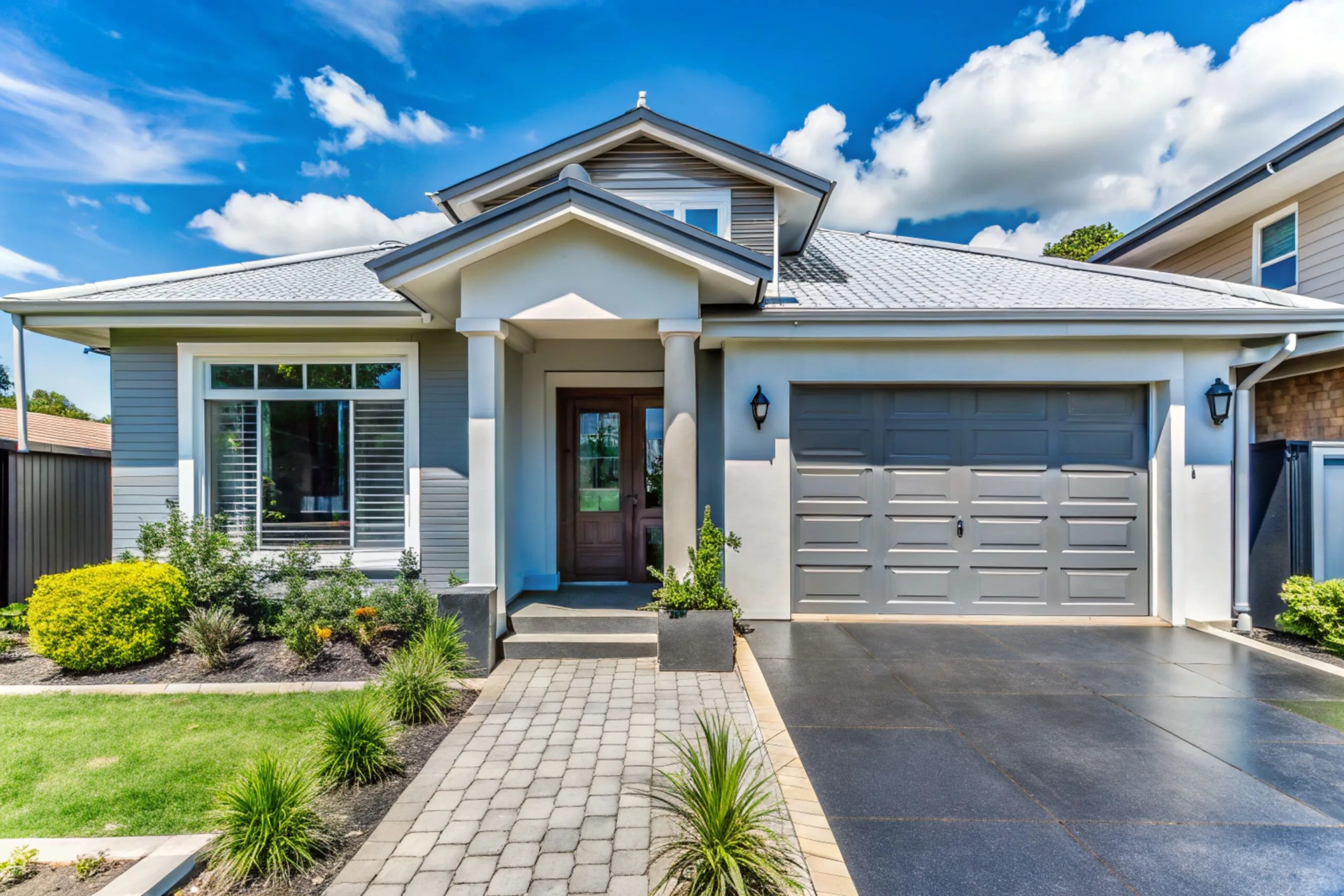 House with garage door driveway with garage door