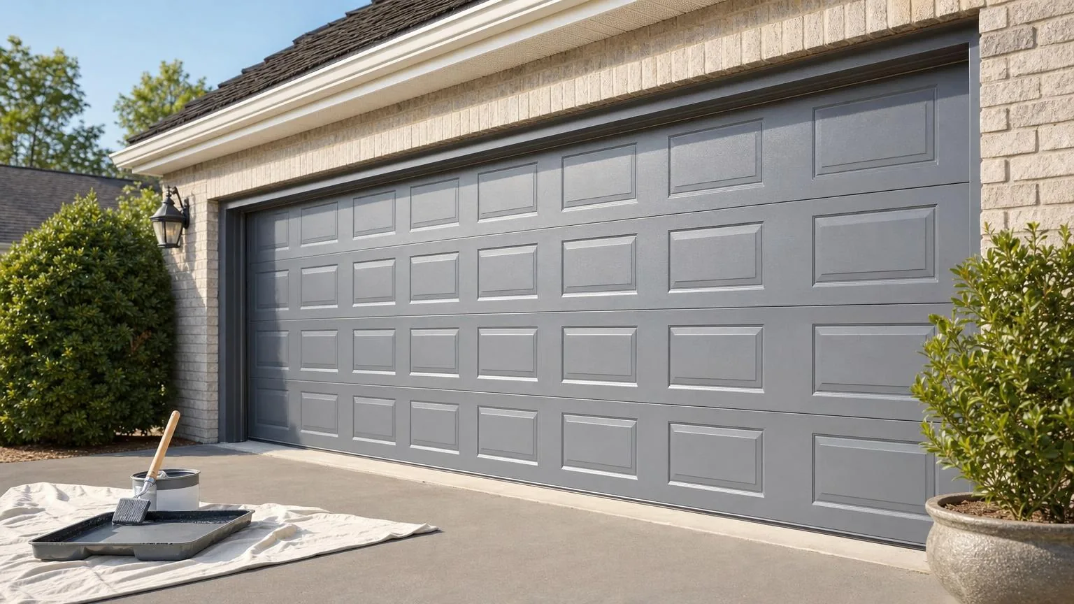 Freshly painted gray metal sectional garage door with a paint tray and roller