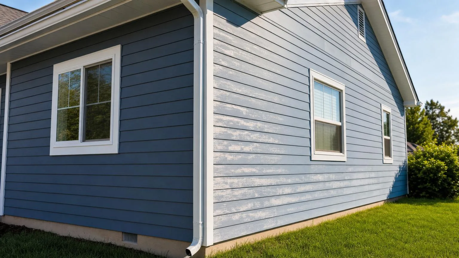 Exterior house siding showing sun-faded, chalky paint beside a freshly painted section