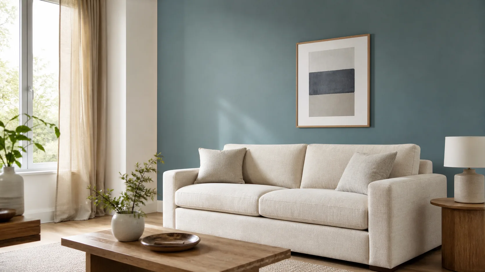 Living room with a Quietude blue accent wall