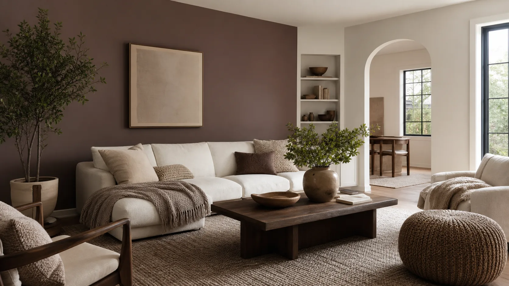 Living room with a rich mocha brown accent wall