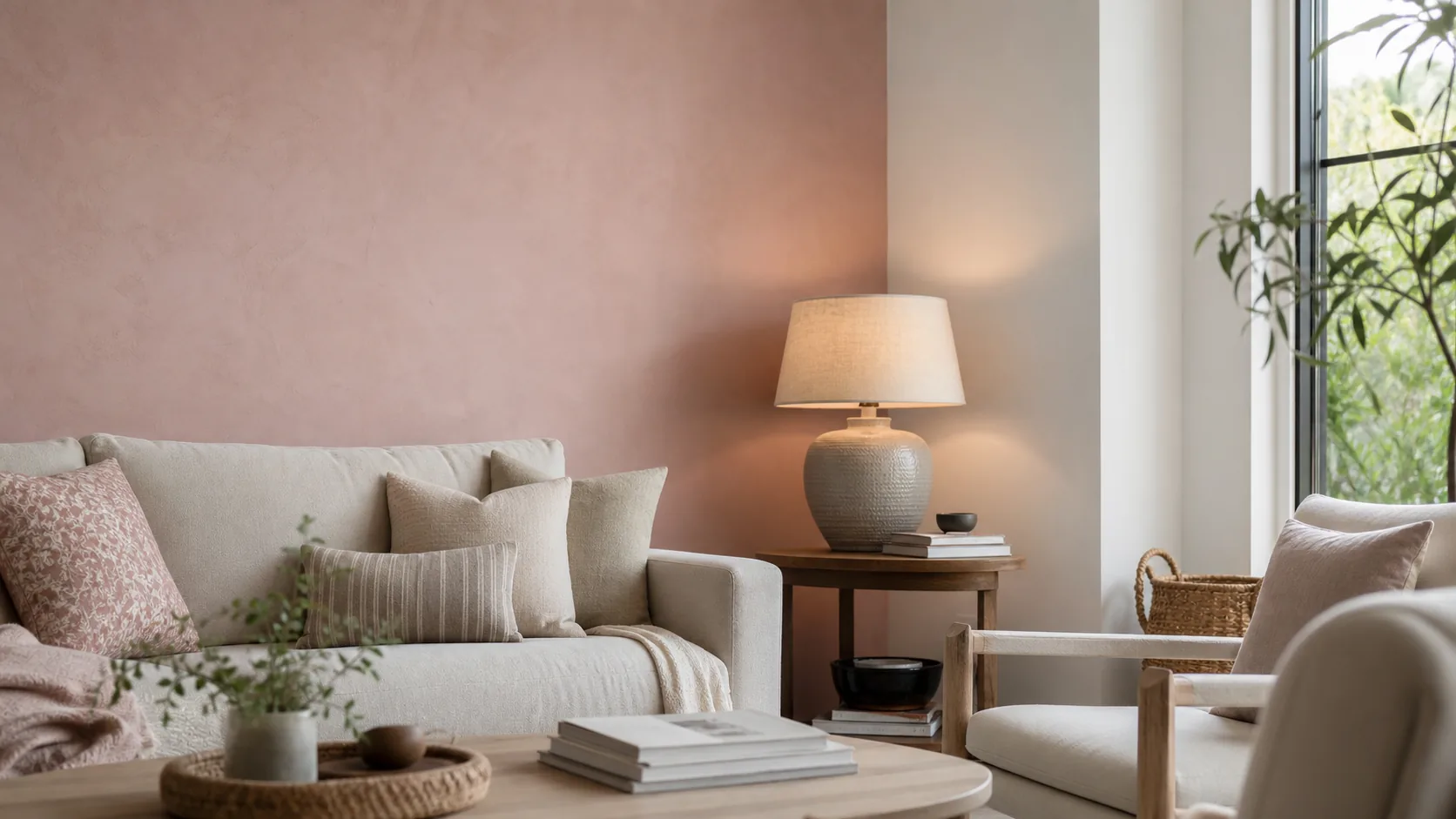 Living room with a soft blush plaster-pink accent wall