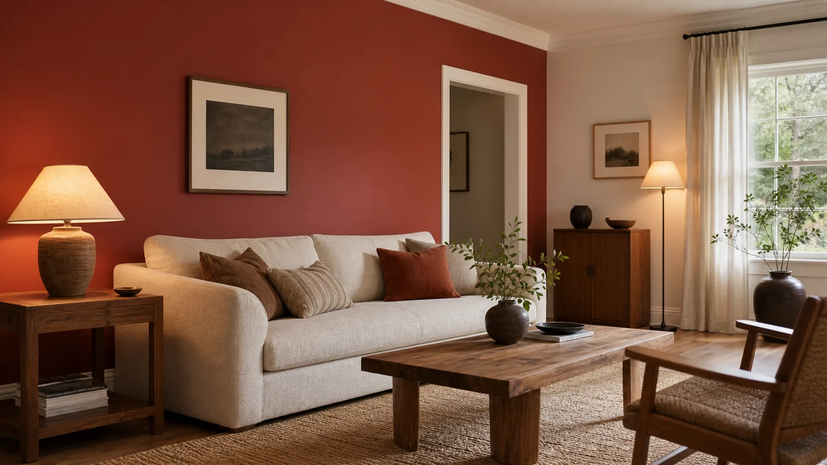 Living room with a warm terracotta-red accent wall