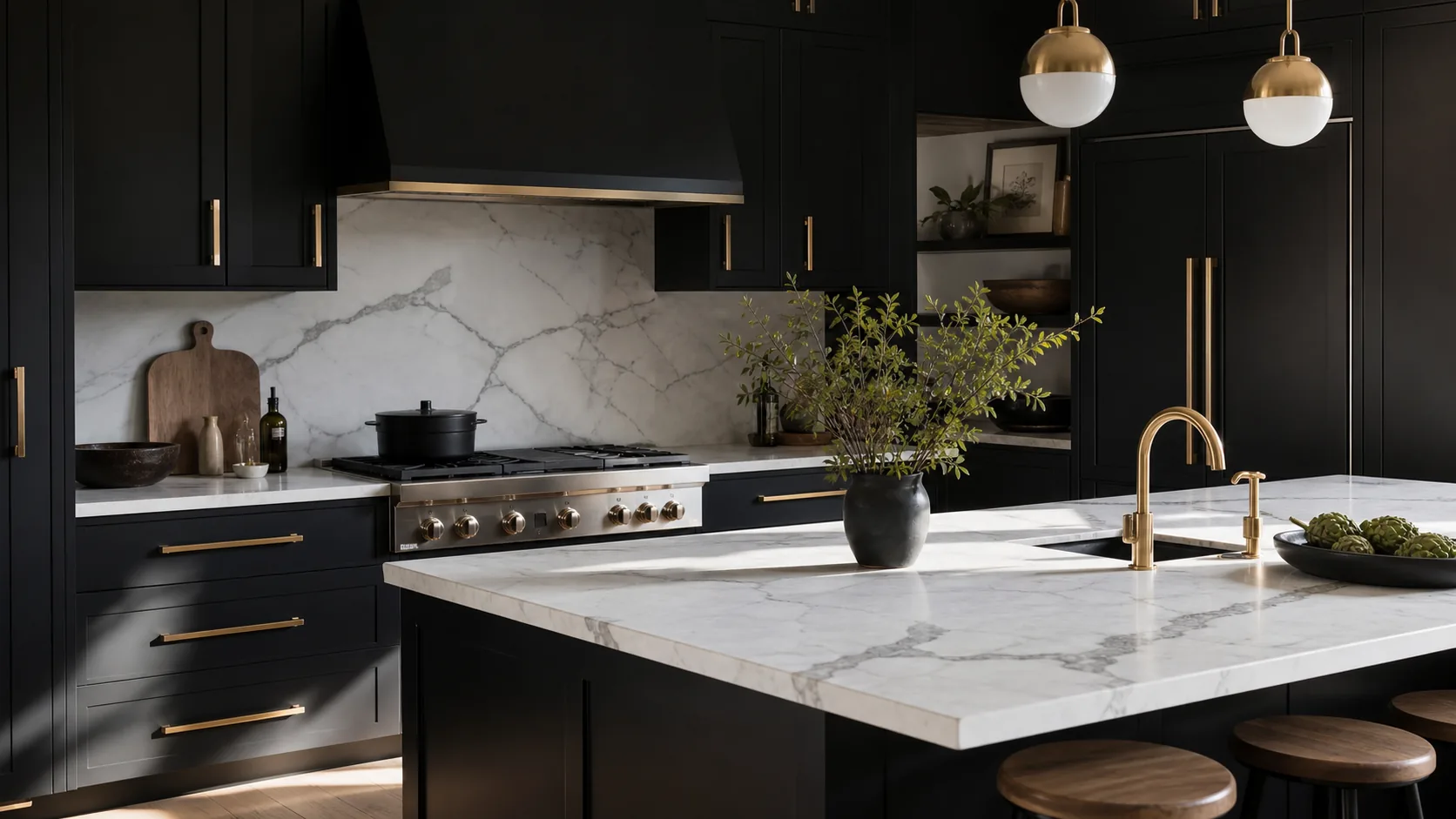 Modern kitchen with dramatic matte black cabinetry