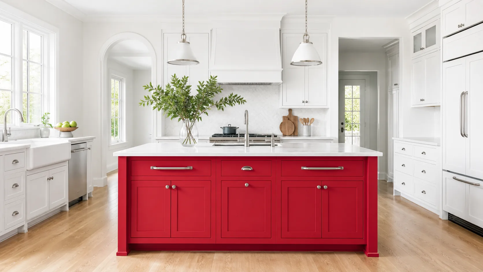 Modern kitchen with a vibrant red accent