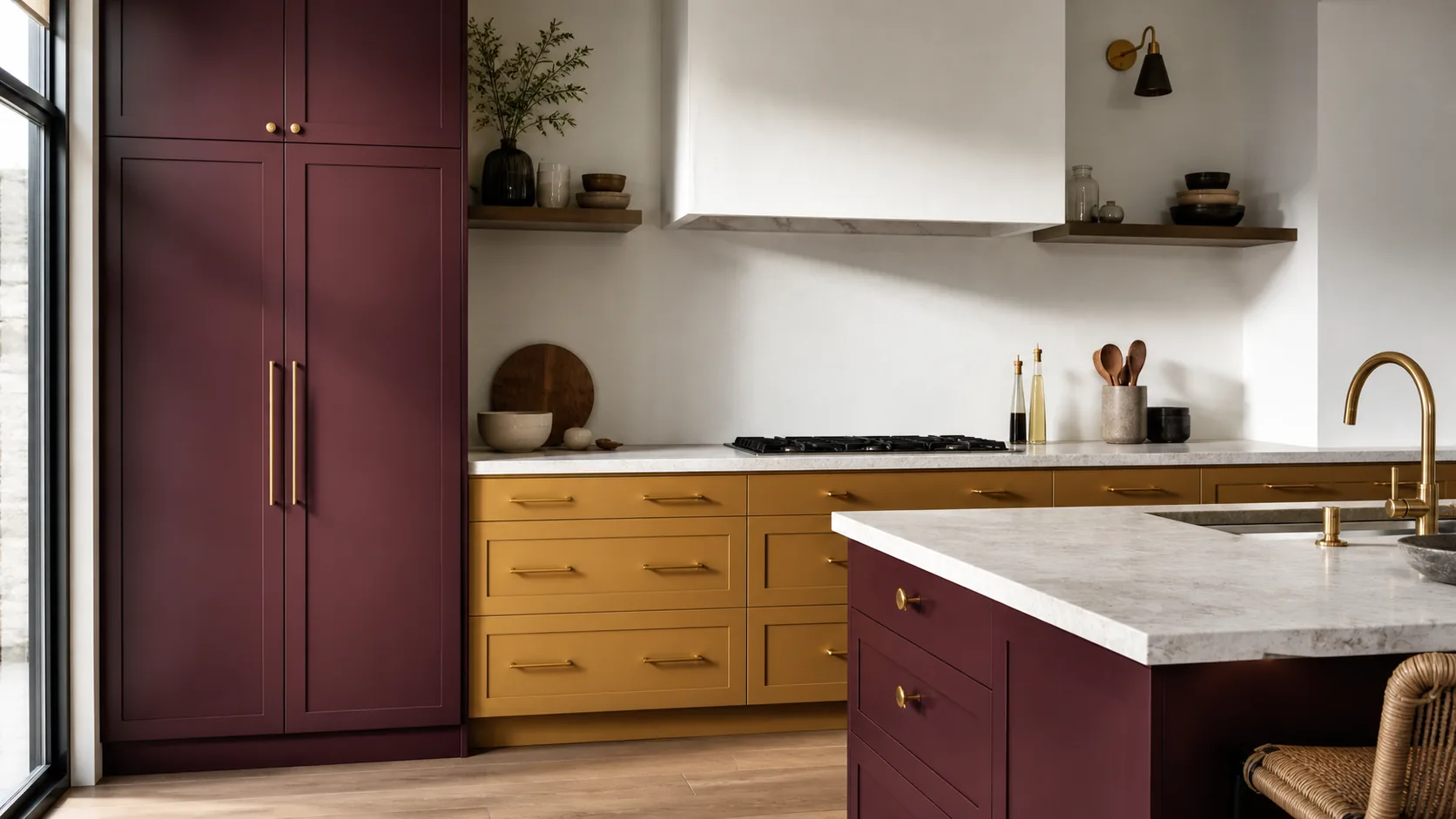Modern kitchen with warm bold aubergine and amber cabinetry