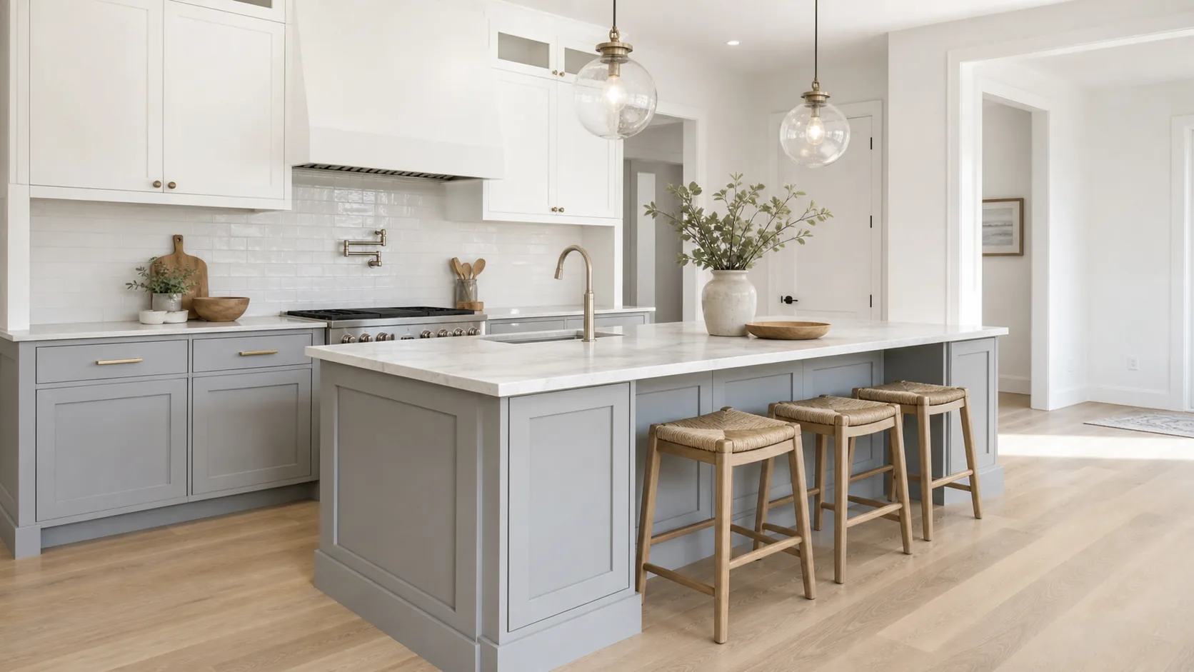 Modern kitchen with white and soft gray cabinets