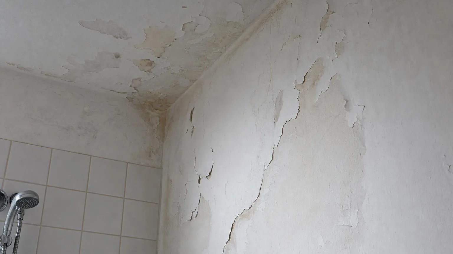 Bathroom wall and ceiling with paint peeling from moisture near the shower
