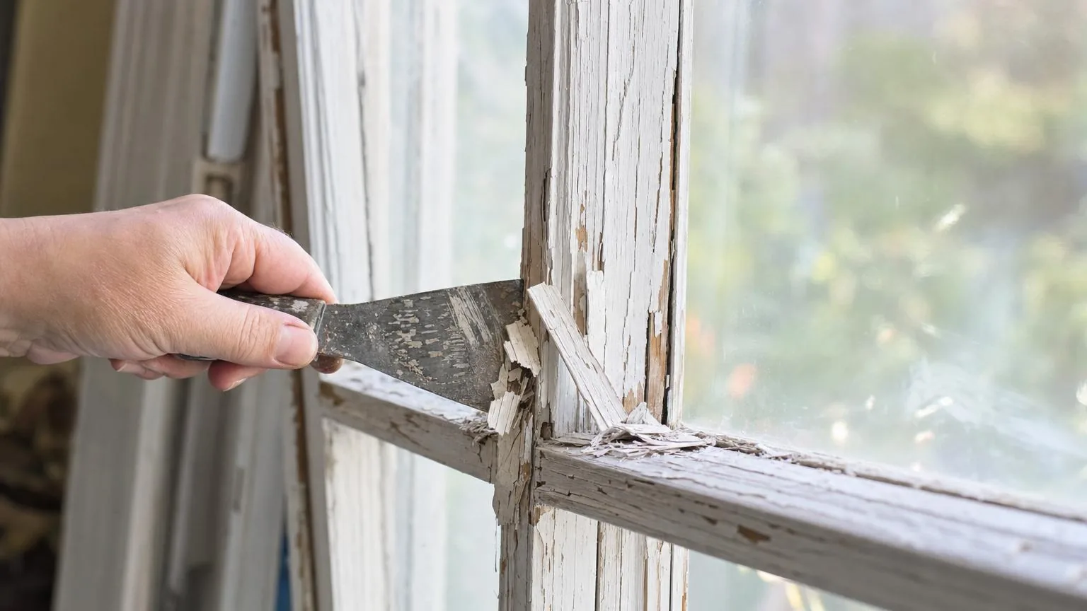 Hand using a putty knife to scrape old flaking paint from a wooden window frame