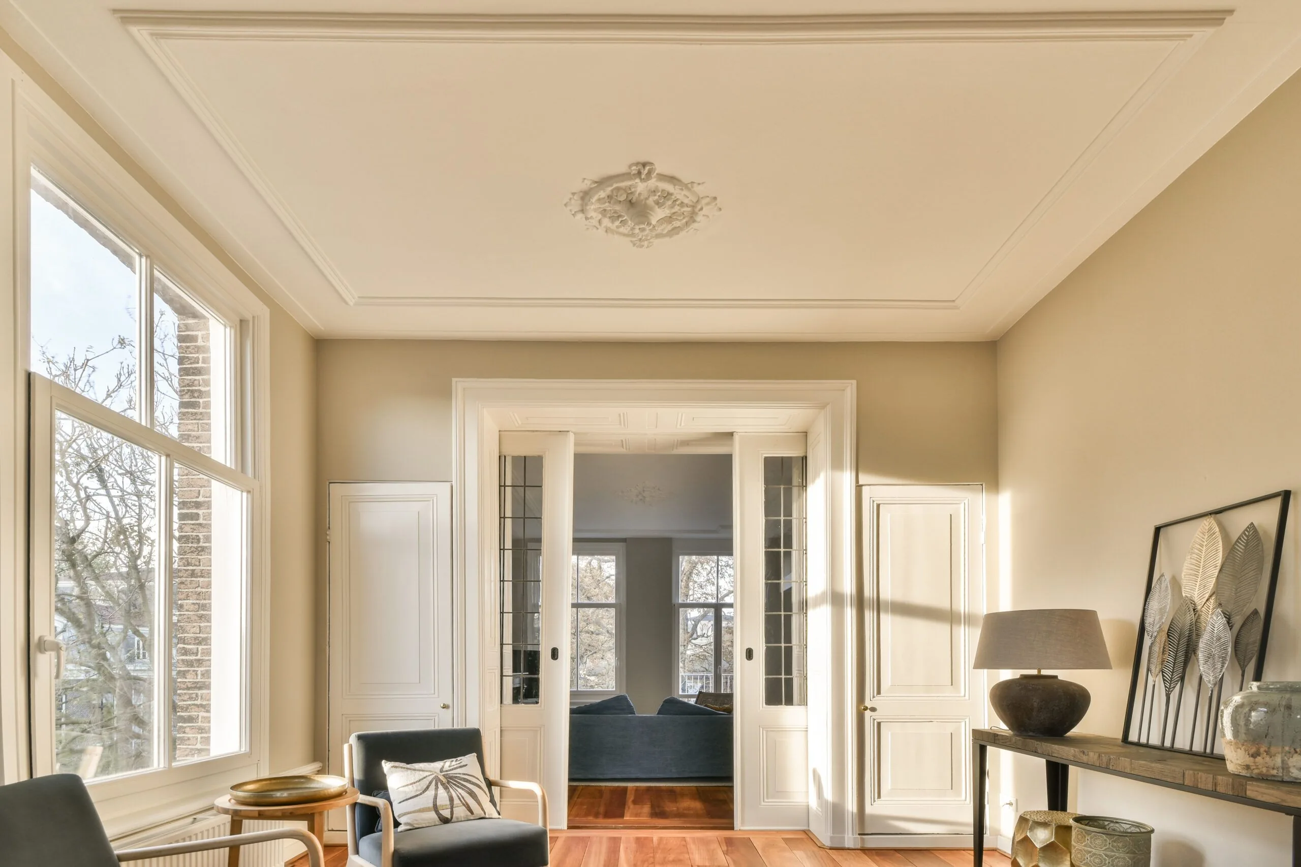 Living room with door hallway with