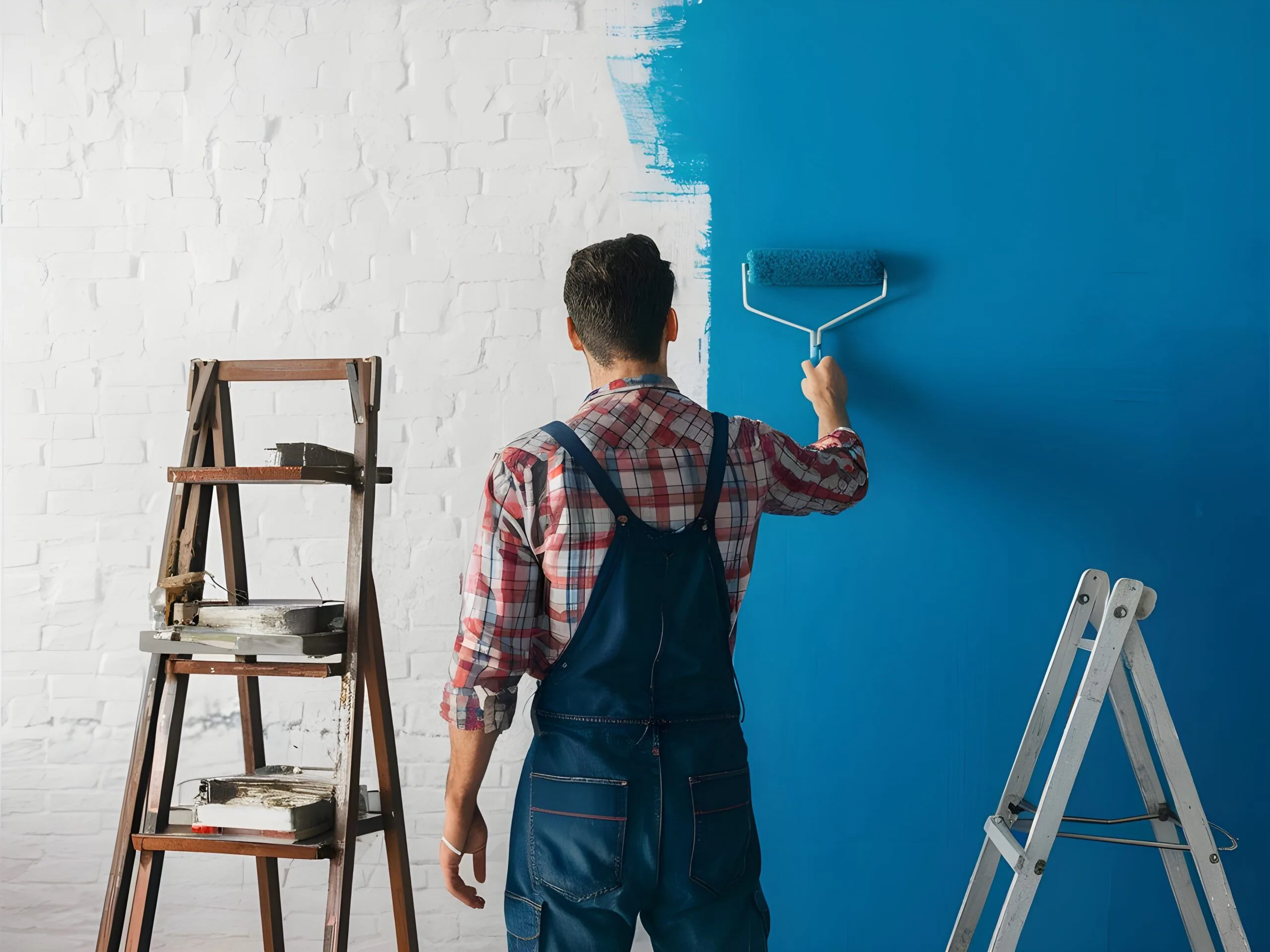 Painter rolling blue paint onto an exterior wall