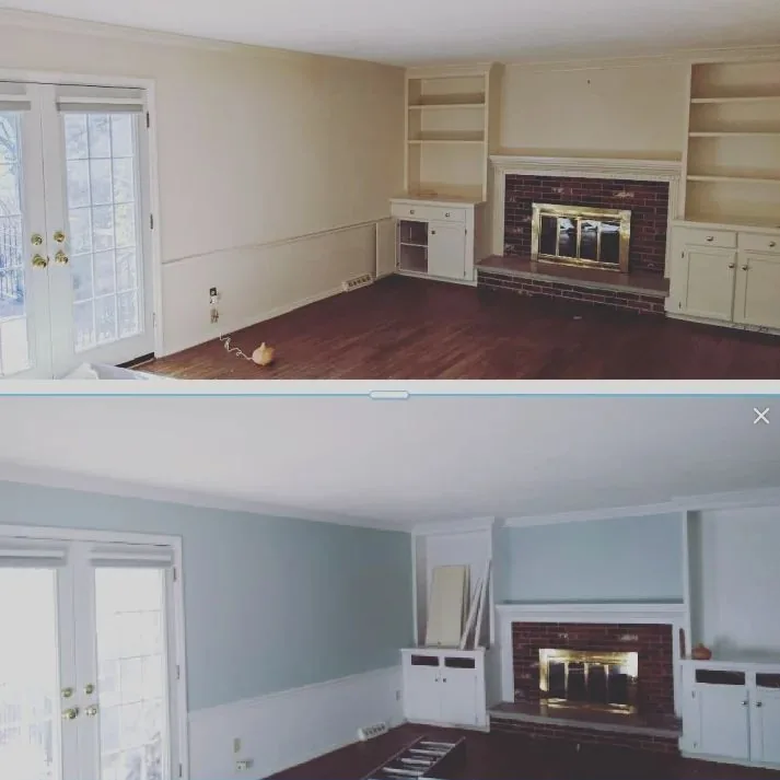 Wide angle of soft blue wall color in repainted interior